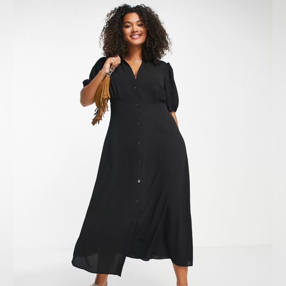 ASOS CURVE button front midi shirt tea dress in black NWOT